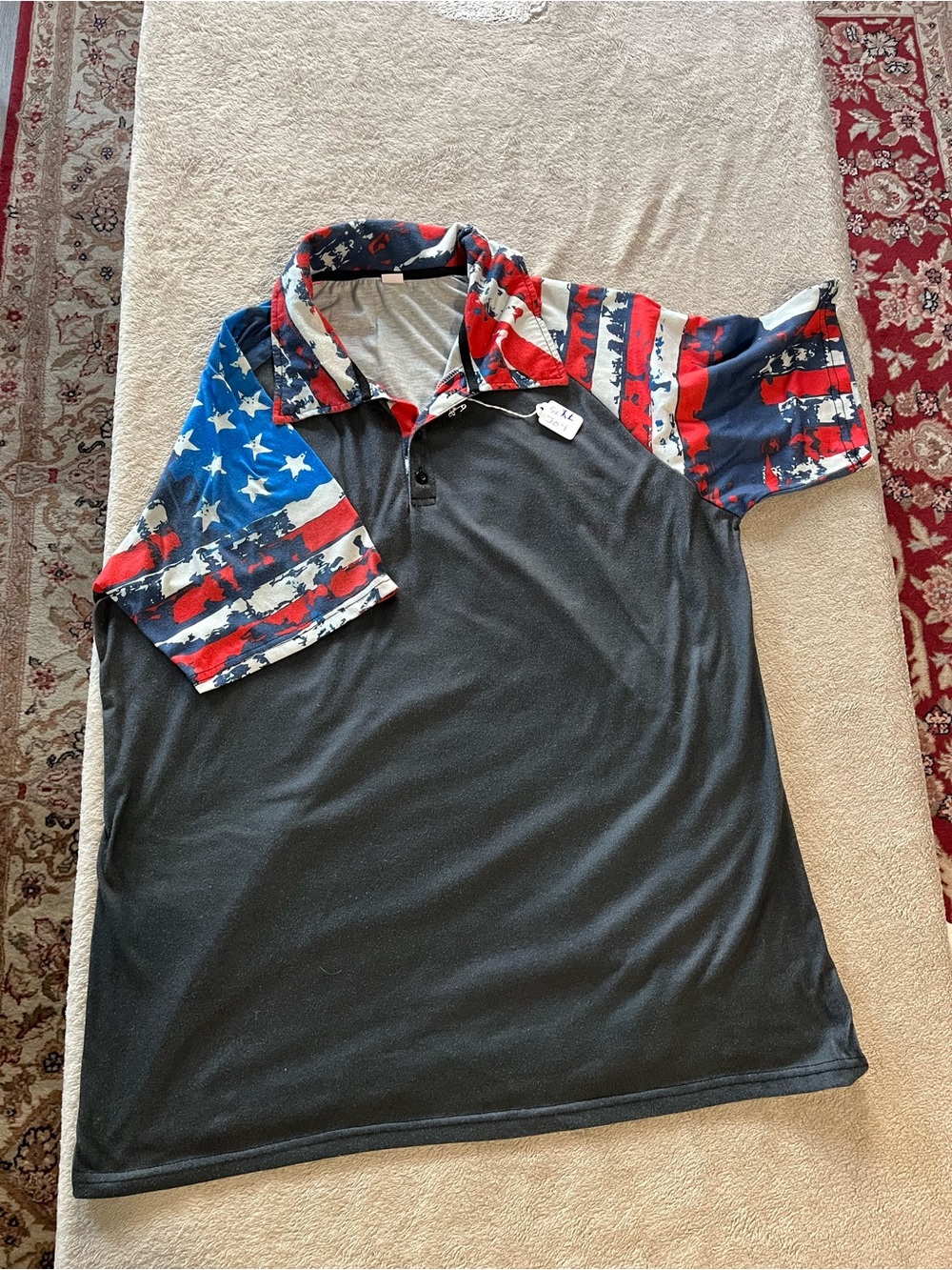 Men's Black Polo with Red, White & Blue Flag-Print Sleeves 4th July summer wear